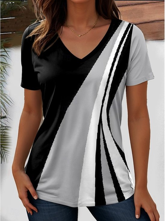 Lässig Gestreift V-Ausschnitt Kurzarm T-Shirt