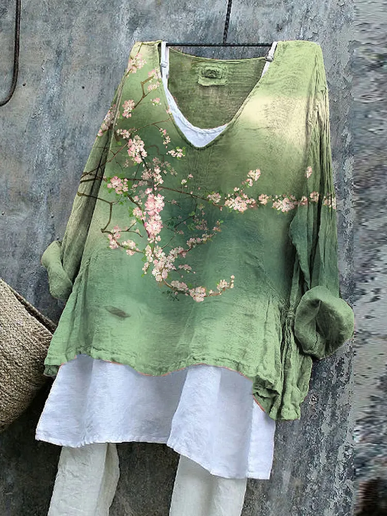Retro Geblümt V-Ausschnitt Langarm T-Shirt