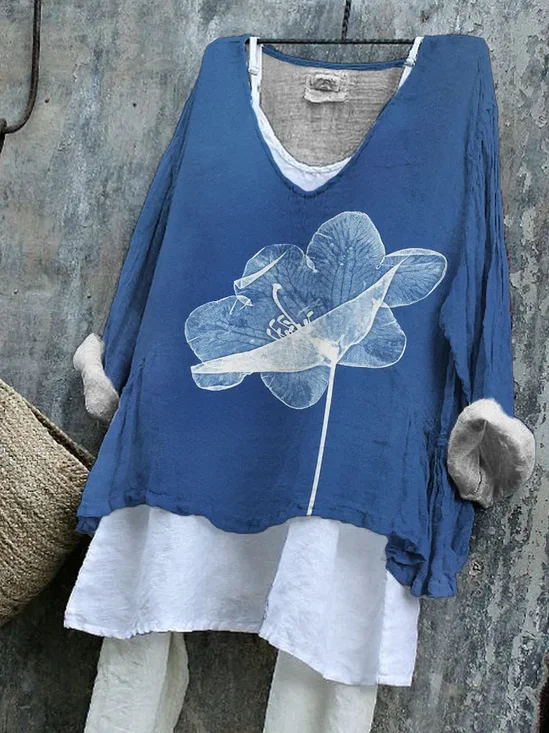 Retro Geblümt V-Ausschnitt Langarm T-Shirt