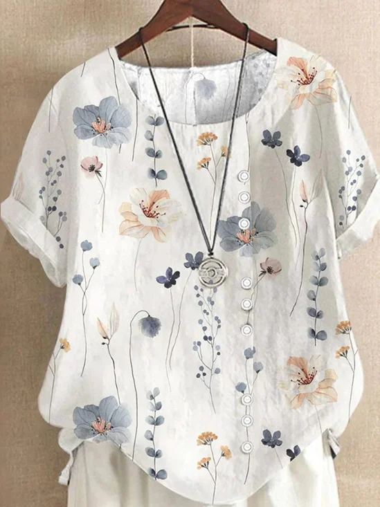 Rundhals Halbarm Geblümt Regelmäßig Regelmäßige Passform Bluse für Damen
