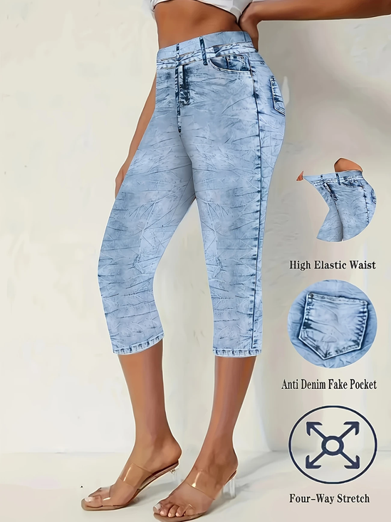 Lässig Grafik mit Denim-Imitat-Print Caprihosen Elastische Taille Hose