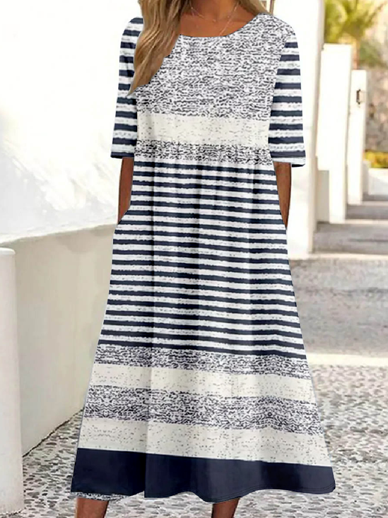 Damen Gestreift Rundhals Halbarm Bequem Retro Maxikleid
