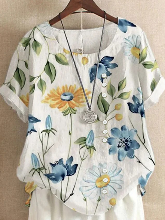 Rundhals Halbarm Geblümt Regelmäßig Regelmäßige Passform Bluse für Damen