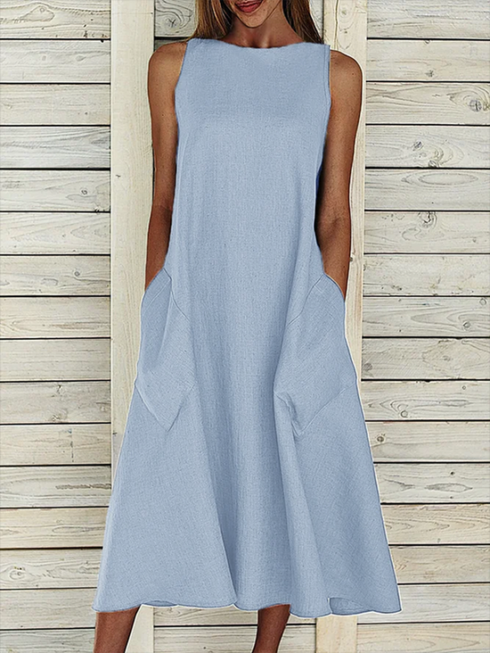 Damen Unifarben Rundhals Ärmellos Bequem Lässig Print Maxikleid