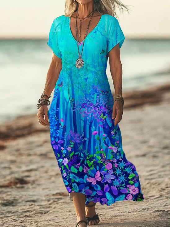 Damen Geblümt V-Ausschnitt Kurzarm Bequem Lässig Print Maxikleid