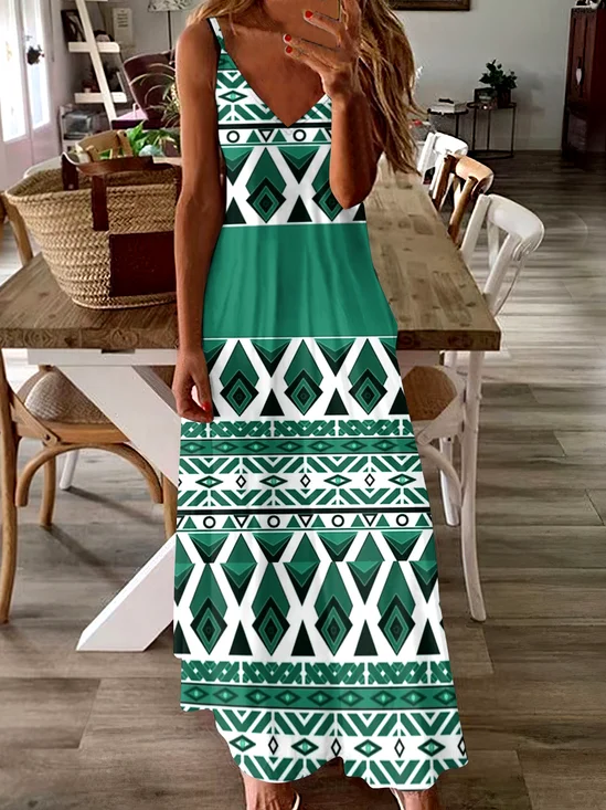Damen Geometrisch V-Ausschnitt Ärmellos Bequem Lässig Maxikleid