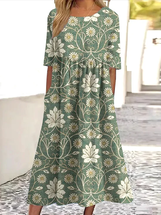Damen Geblümt Rundhals Kurzarm Bequem Lässig Maxikleid