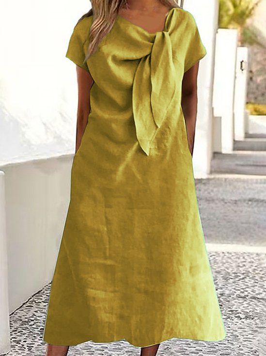 Damen Unifarben Sommer Knoten an der Front Kleid Kurzarm H-Linie Kleid