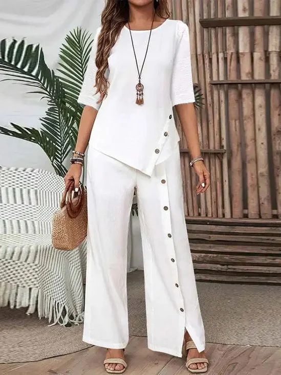 Damen Unifarben Zweiteiliges Set Täglich Halbarm Lässig Sommer Bluse mit Hose Matching Set