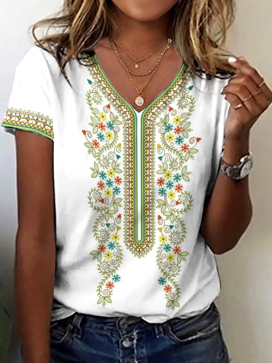 Lässig Geblümt V-Ausschnitt Kurzarm T-Shirt