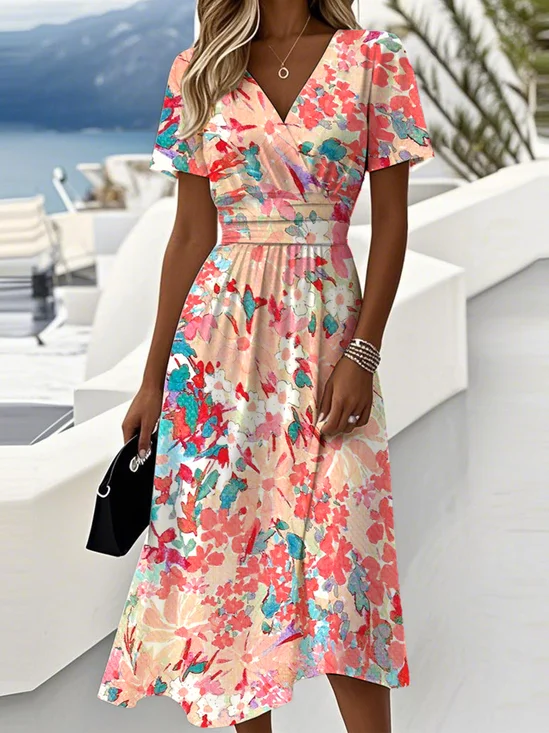 Damen Geblümt Sommer Kleid V-Ausschnitt Kurzarm Strandkleid A-Linien-Kleid