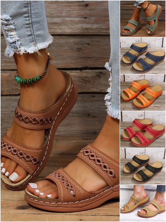 Neu Große Größen Pantoletten, Retro Patchwork, Rutschfest Rund Keilabsatz, Bequem Flach Pantolette für Damen