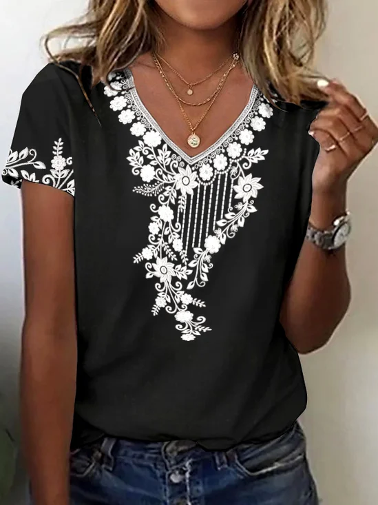 Lässig Geblümt V-Ausschnitt Kurzarm T-Shirt