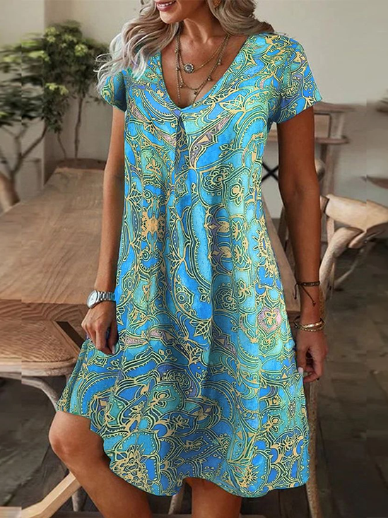 Damen Geblümt Sommer Print Kleid V-Ausschnitt Kurzarm T-Shirt-Kleid H-Linie Kleid