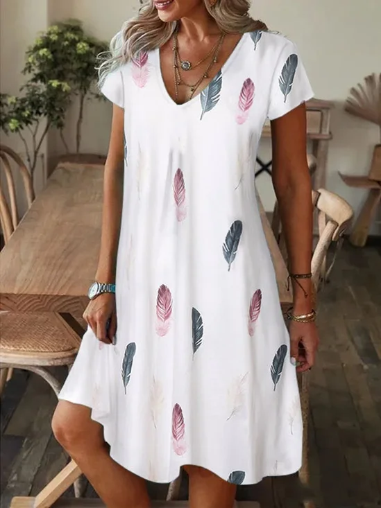 Damen Federmuster V-Ausschnitt Kurzarm Bequem Lässig Maxikleid