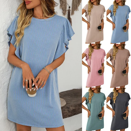 Damen Gestreift Rundhals Kurzarm Bequem Lässig Print Minikleid