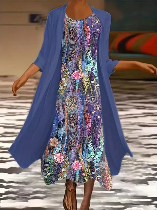 Damen Geblümt Rundhals Dreiviertelärmel Bequem Lässig Print Kleid mit Mantel Zweiteiliges Set
