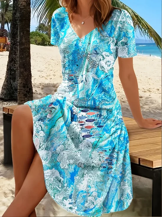 Damen Marine Leben V-Ausschnitt Kurzarm Bequem Lässig Midikleid