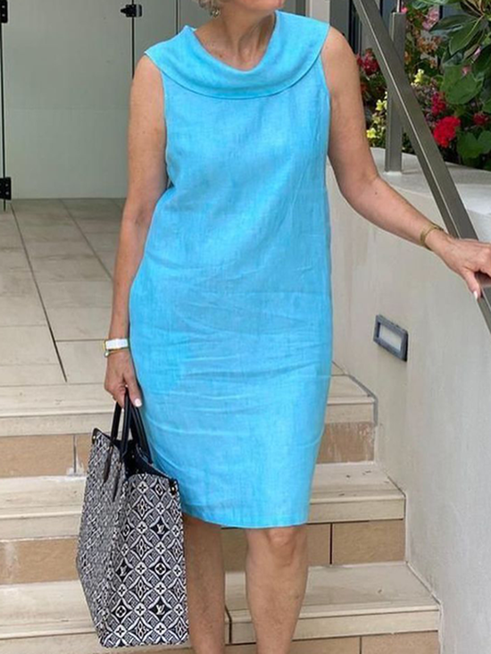 Damen Unifarben Schalkragen Ärmellos Bequem Lässig Maxikleid