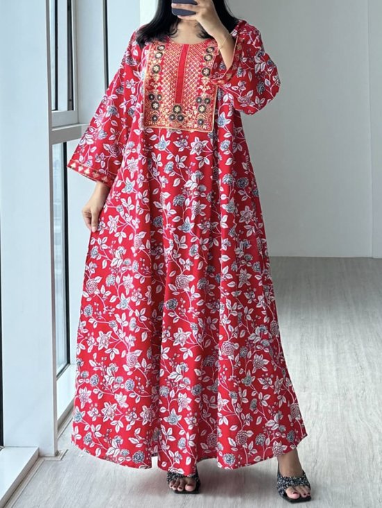 Damen Geblümt Rundhals Langarm Bequem Lässig Maxikleid