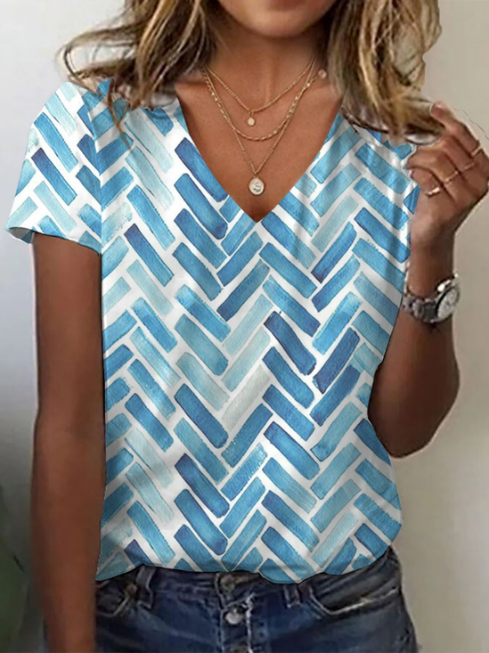 Lässig Geometrisch V-Ausschnitt Kurzarm T-Shirt