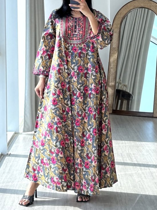 Damen Geblümt Rundhals Langarm Bequem Lässig Maxikleid