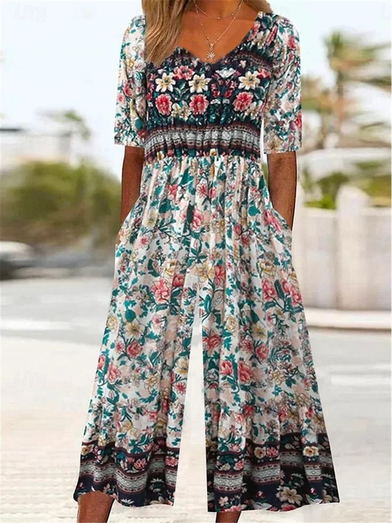 Damen Halbarm V-Ausschnitt Regelmäßige Passform Knöchelhose Print Täglich Lässig Geblümt Normal Jumpsuit