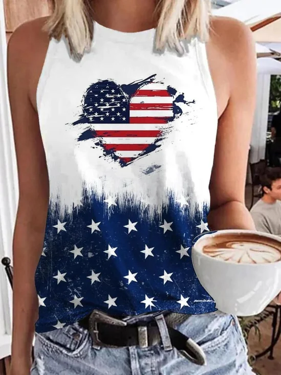 Rundhals Ärmellos Amerika-Flagge Regelmäßig Mikroelastizität Regelmäßige Passform Bluse für Damen