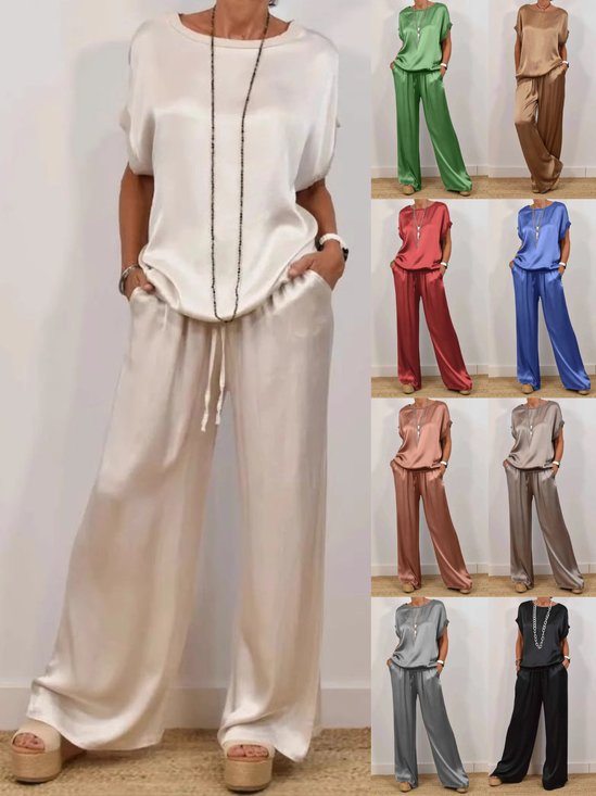 Damen Unifarben Rundhals Halbarm Bequem Lässig Bluse mit Hose Zweiteiliges Set