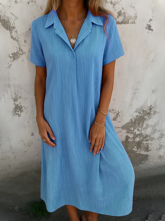 Damen Unifarben Hemdkragen Kurzarm Bequem Lässig Maxikleid