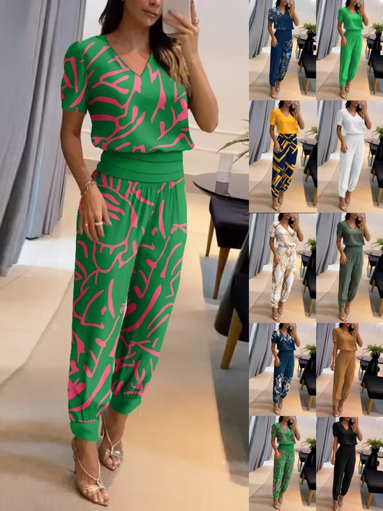 Damen Gestreift Rundhals Kurzarm Bequem Lässig Bluse mit Hose Zweiteiliges Set