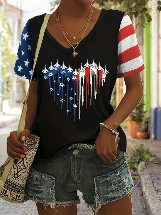 Lässig Amerika-Flagge V-Ausschnitt Kurzarm T-Shirt