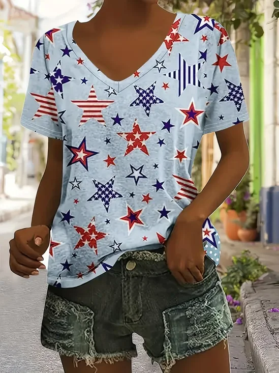 Lässig Amerika-Flagge V-Ausschnitt Kurzarm T-Shirt