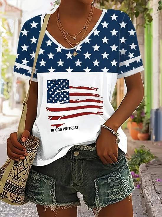 Lässig Amerika-Flagge V-Ausschnitt Kurzarm T-Shirt