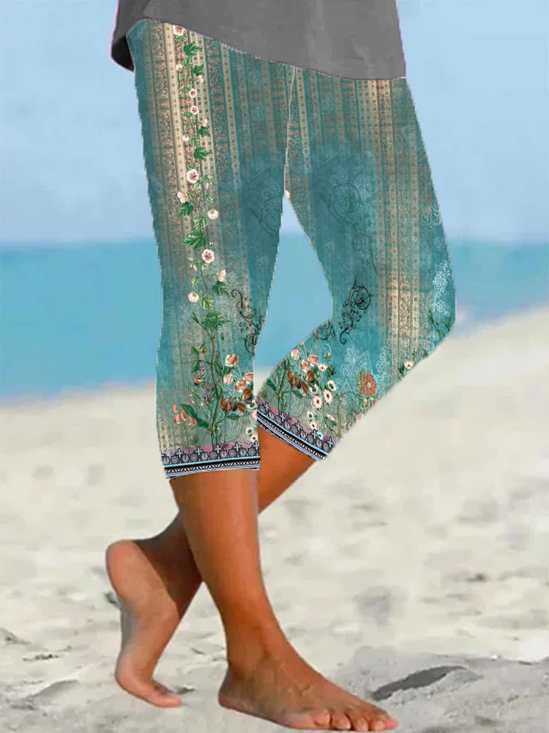 Lässig Geblümt Caprihosen Elastische Taille Print Hose