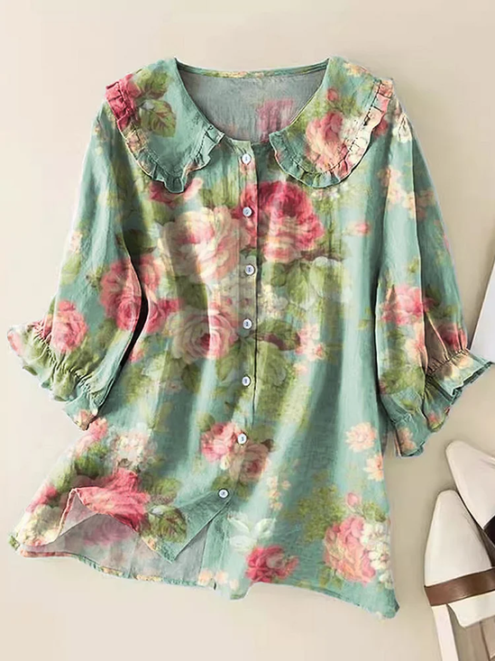 Schalkragen Kurzarm Geblümt Print Regelmäßig Weit Knopfhemd Bluse für Damen