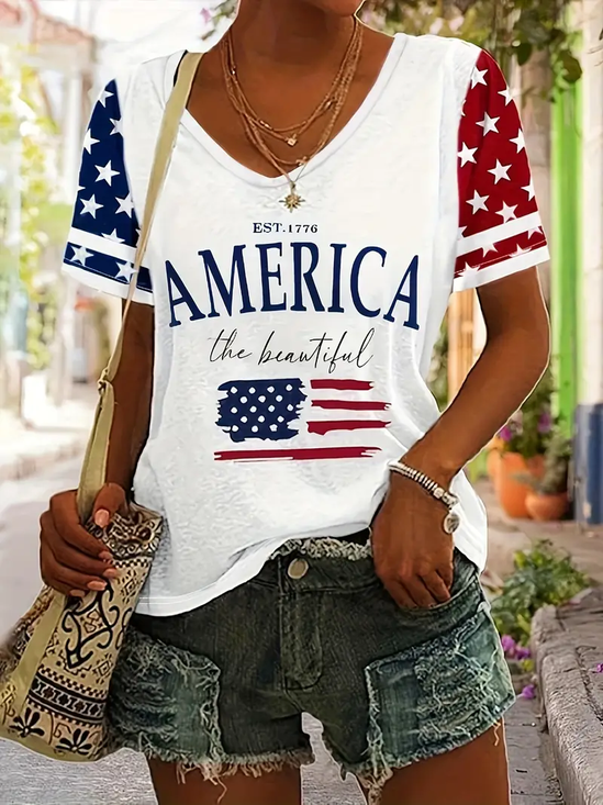 Lässig Amerika-Flagge V-Ausschnitt Kurzarm T-Shirt