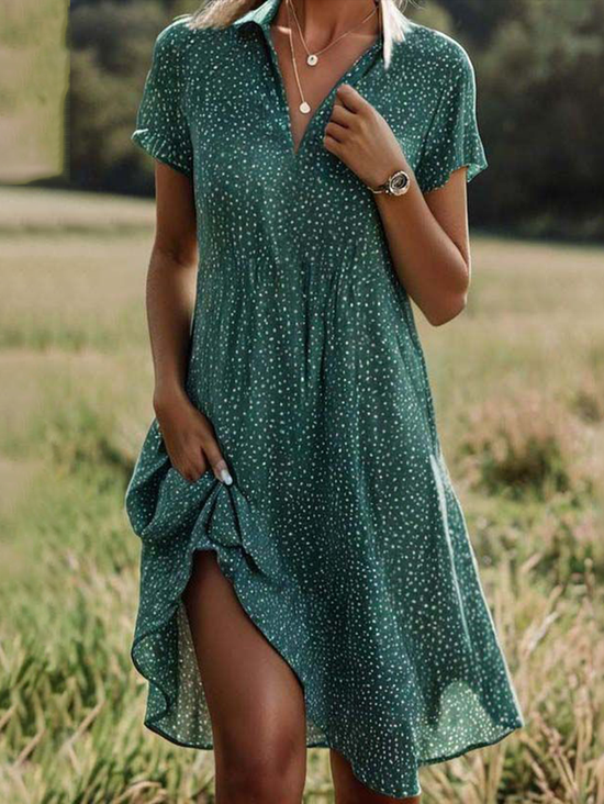 Damen Polka Dots Schalkragen Kurzarm Bequem Lässig Print Knielänge Kleid
