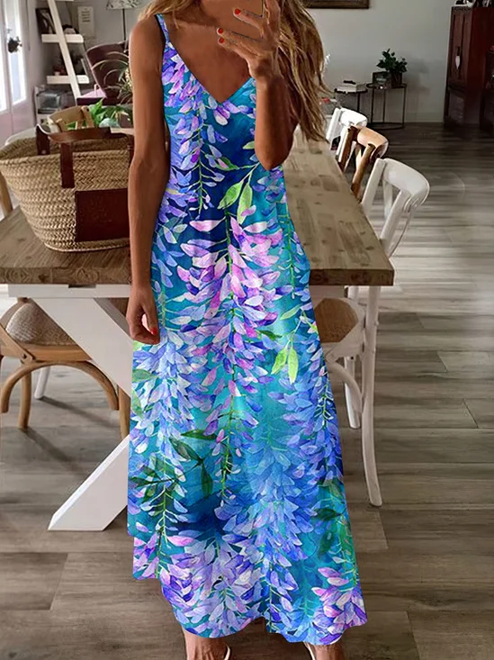 Damen Geblümt Spaghettiträger Ärmellos Bequem Lässig Maxikleid