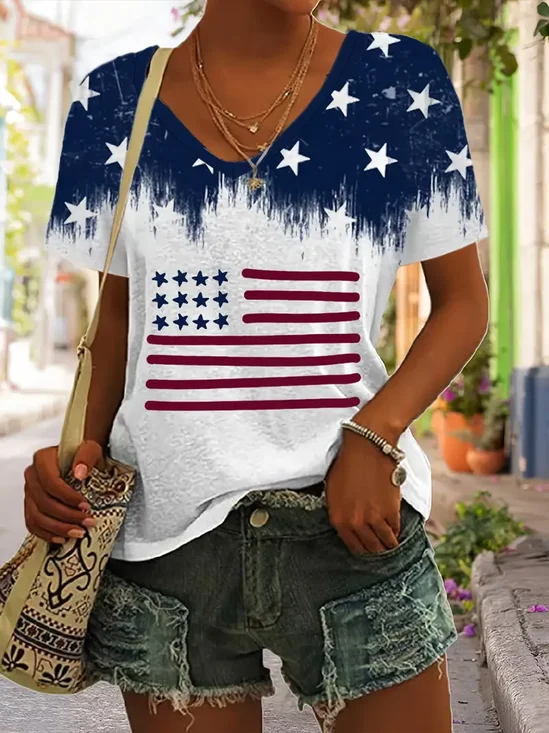 Lässig Amerika-Flagge V-Ausschnitt Kurzarm T-Shirt