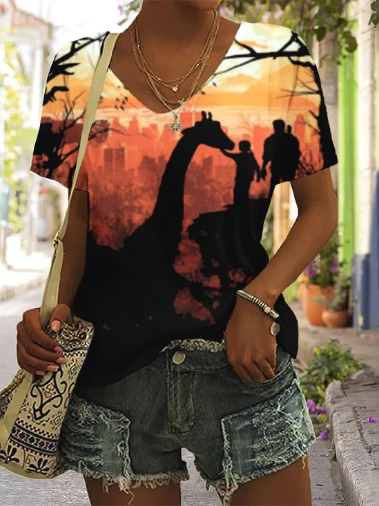 Lässig Geblümt V-Ausschnitt Kurzarm T-Shirt