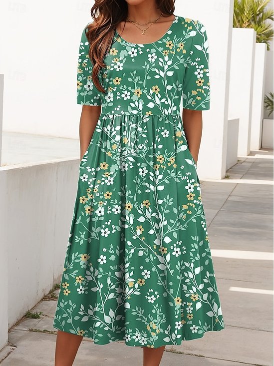 Damen Geblümt Rundhals Kurzarm Bequem Lässig Maxikleid