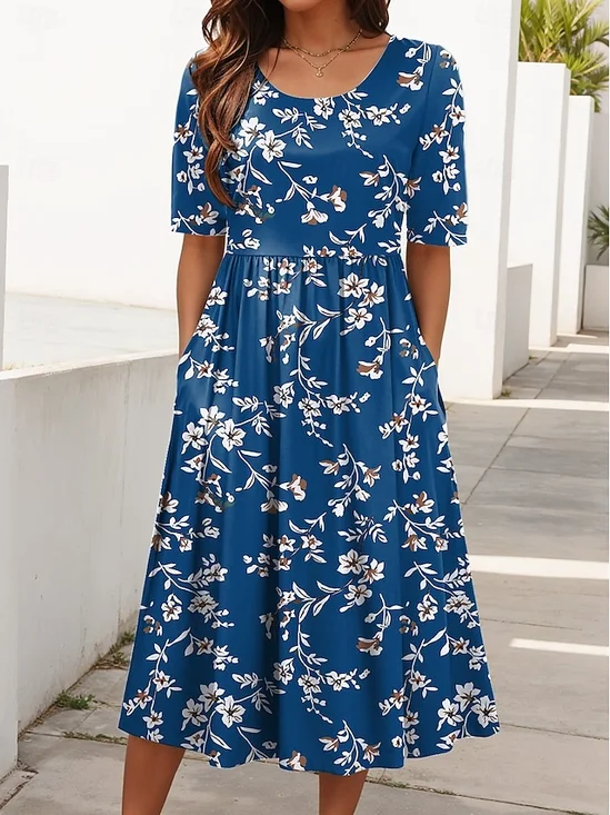 Damen Geblümt Rundhals Kurzarm Bequem Lässig Maxikleid