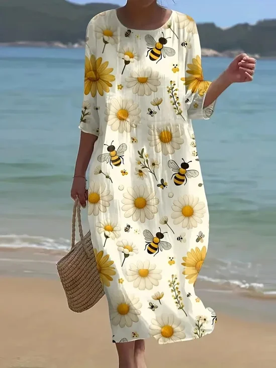Damen Geblümt Rundhals Kurzarm Bequem Lässig Maxikleid