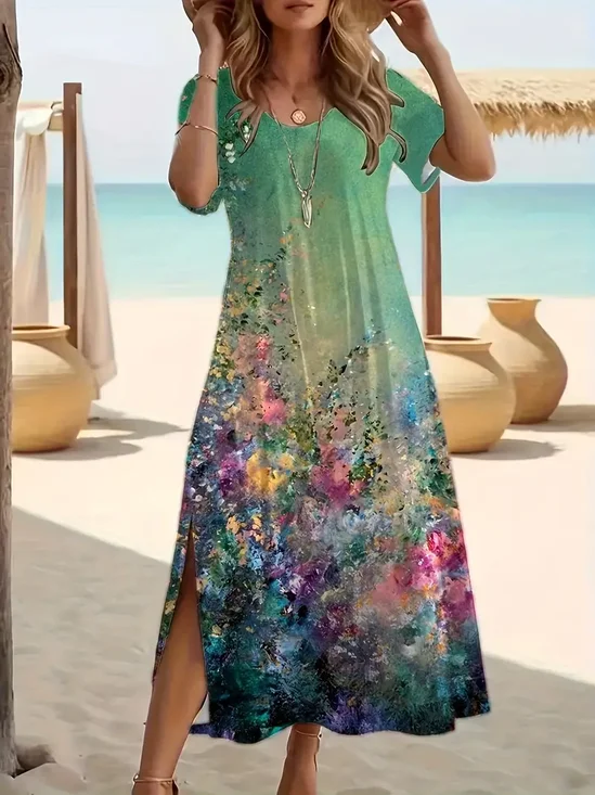 Damen Geblümt Rundhals Kurzarm Bequem Lässig Print Maxikleid