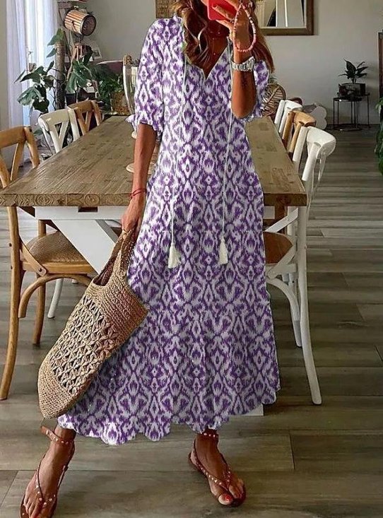 Damen Geometrisch Sommer Kleid V-Ausschnitt Halbarm Blusenkleid A-Linien-Kleid