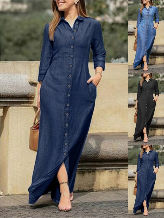 Damen Unifarben Frühling/Herbst Kleid Stehkragen Langarm Blusenkleid H-Linie Kleid