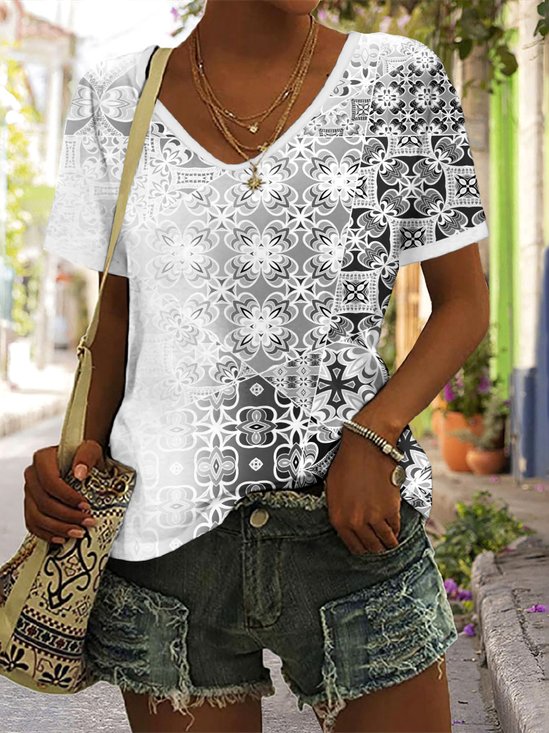 Lässig Geblümt V-Ausschnitt Kurzarm T-Shirt