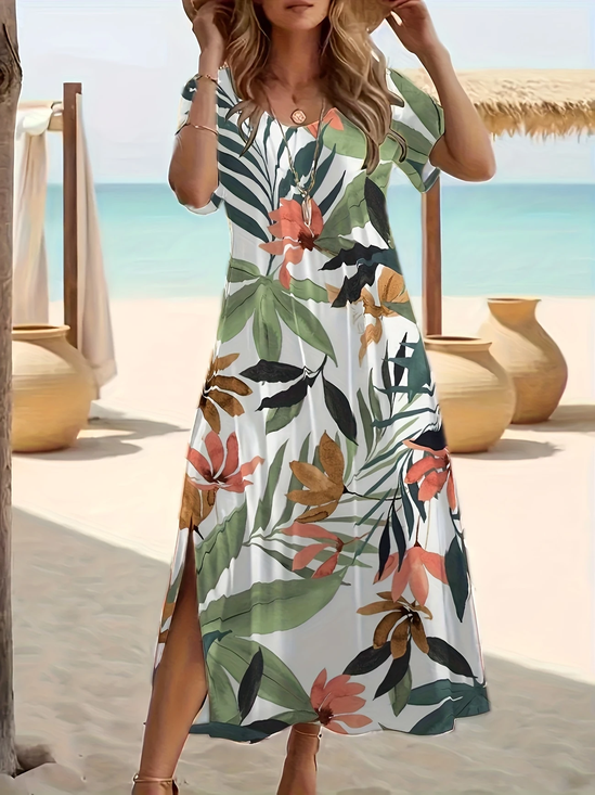 Damen Geblümt Rundhals Kurzarm Bequem Lässig Print Maxikleid