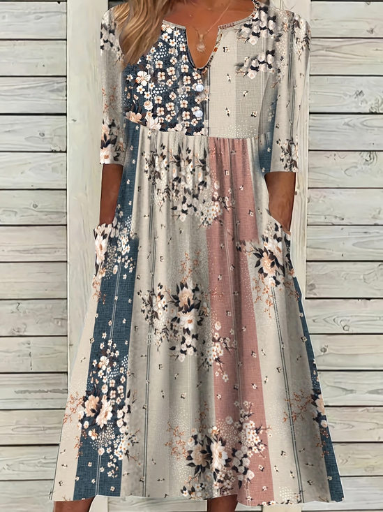 Damen Geblümt Sommer Print Kleid V-Ausschnitt Kurzarm Passen & Flare Kleid H-Linie Kleid